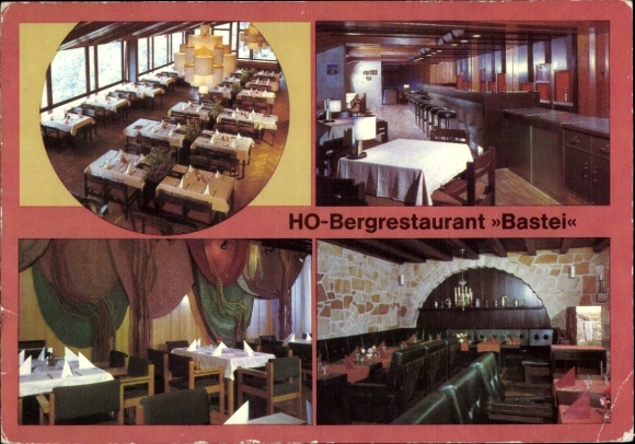 Ak Lohmen Sächsische Schweiz, Bastei, Restaurant mit Tischen, Aussicht, Bar, Holzbalken, Stein...