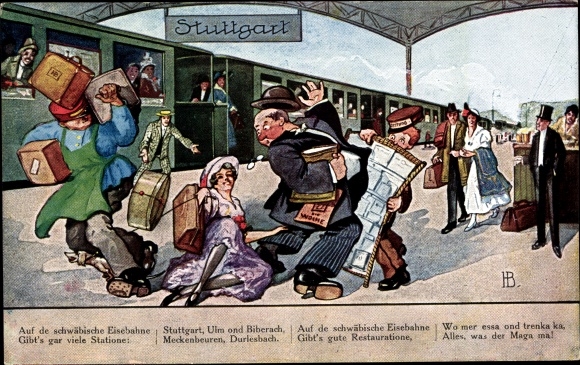 Artist PC Boettcher, Hans, on the Swabian railway, travelers, train station