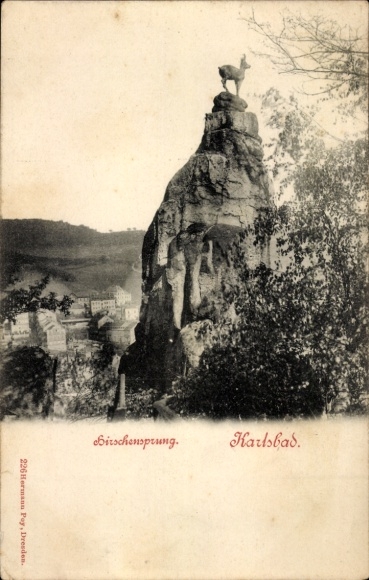 Postcard Karlsbad in Baden, rock with statue, place lettering birschensprung, Hermann Poy, Dresden