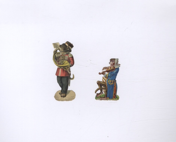 2 wafers musical animals, cat with horn, monkey with violin, approx. 8 x 3.5 cm and 6 x 3.5 cm