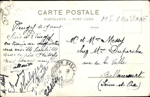 Postcard Genève Geneva Switzerland, salon steamer MS Lausanne in motion, Mont Blanc
