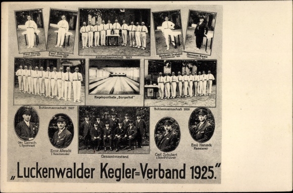 Postcard Luckenwalde in Brandenburg, Luckenwalde Bowlers Association 1925, Kegelsporthalle Bürgerhof, board
