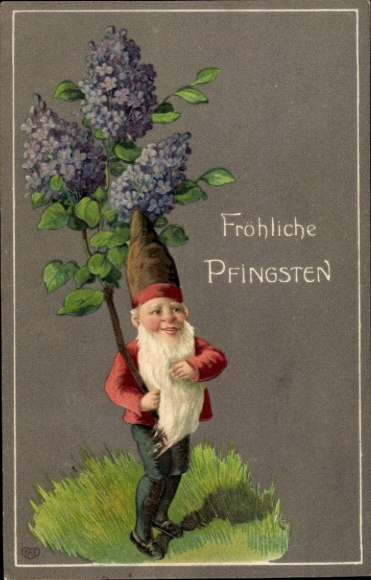 Embossed Postcard congratulations Pentecost, dwarf, flowers