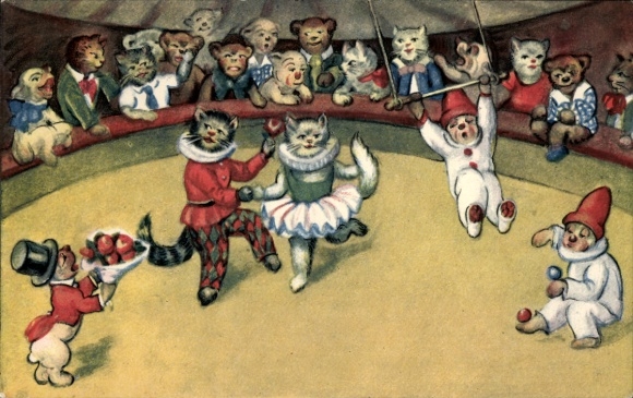 Ak Vermenschlichte Katzen und Hunde im Zirkus, Tänzer, Jongleur, Zuschauer