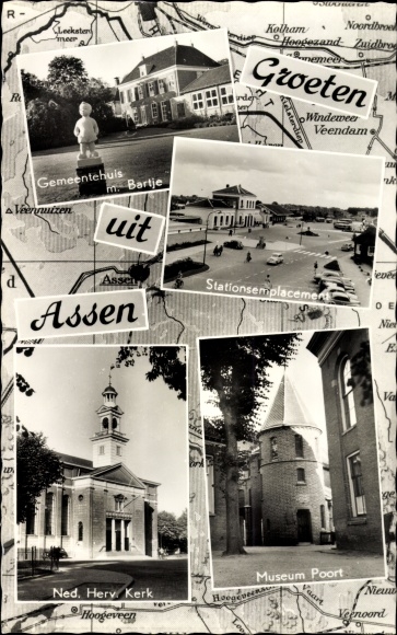 Postcard Assen Drenthe Niederlande, Town Hall, Church, Museum Gate, Station Emplacement