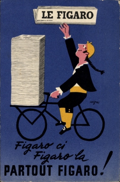Artist Postcard Advertising, Newspaper Seller, Newspaper Le Figaro, Bicycle