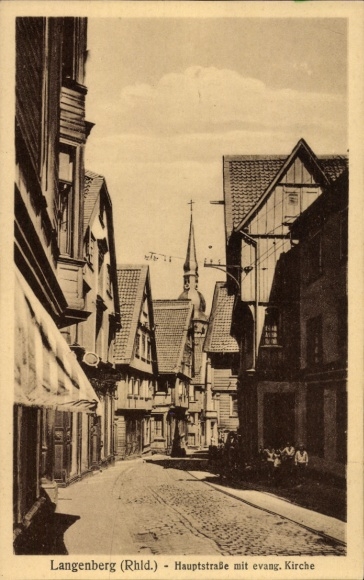 Postcard Langenberg Velbert in the district of Mettmann, main street with Protestant church
