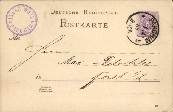 Postal stationery Postcard Parchim, Isaac Weil