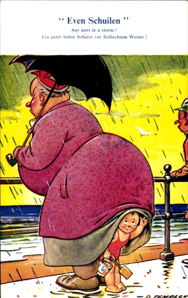 Kunstenaar Ak Child beschermt zichzelf tegen de regen onder de jurk van een dikke vrouw