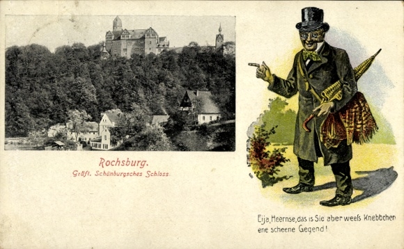 Postcard Rochsburg Lunzenau in Saxony, Schönburg Castle, man with top hat and umbrella