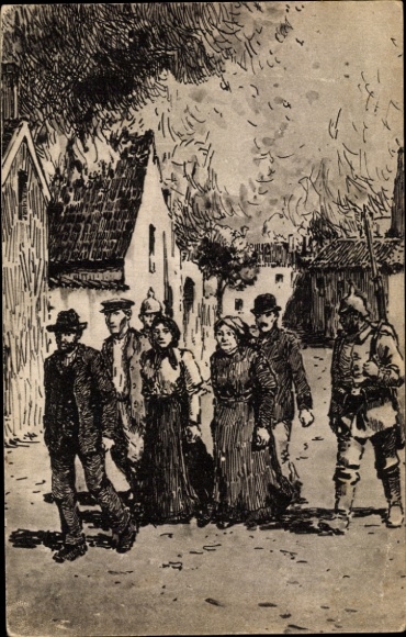 Artist Postcard Gleich, John, Homeless people of a burning village, World War I