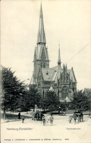 Postcard Hamburg Eimsbüttel, street in front of the Christ Church