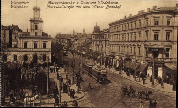 Postcard Warszawa Warsaw Poland, Marschallstraße, Wiener Bahnhof, tram line 3