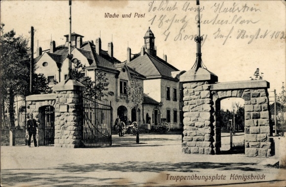 Postcard Königsbrück in Upper Lusatia, guard and post office, military training area