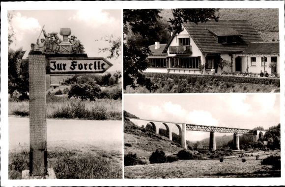 Ak Ramsen in der Rheinpfalz, Wegweiser zum Gasthof Forelle, Brücke