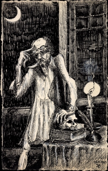 Artist Postcard Gelehrter leans on a human skull