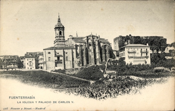 Postcard Hondarribia Fuenterrabia Basque Country, Iglesia y Palacio de Carlos V, architecture, landscape