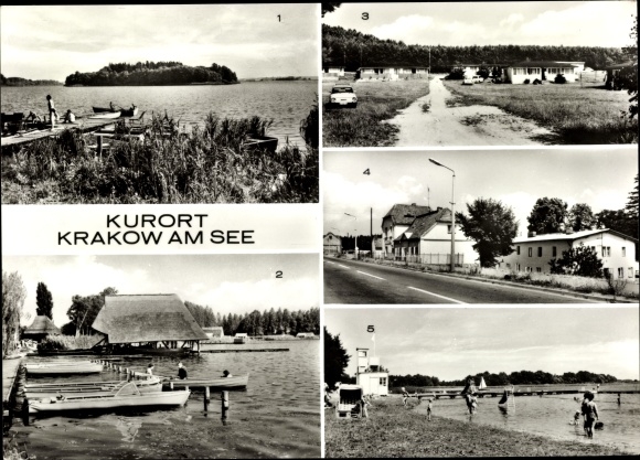 Postcard Krakow am See in Mecklenburg Western Pomerania, fisherman&#39;s house, youth hostel Peter Goering, Städt. bath