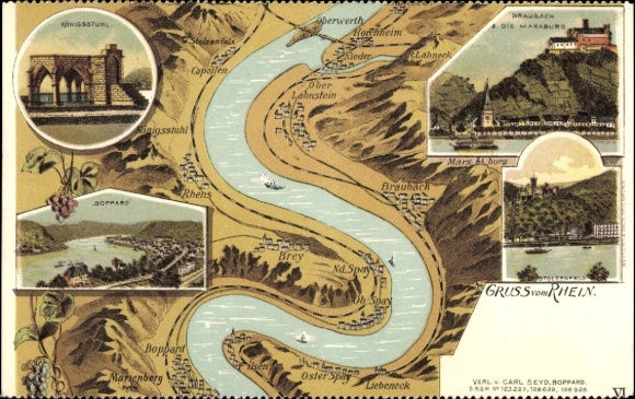 Chromo-Litho maps Braubach Rhine, Rhine region, Königsstuhl, Boppard, Liebeneck, Horchtheim, Lahnstein