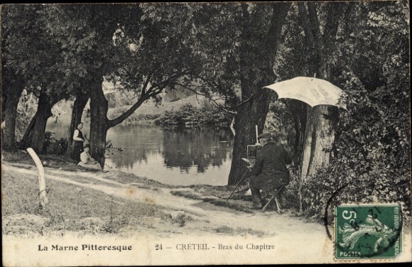 Postcard Créteil Val de Marne, painter by the river, nature, shade, parasol,
