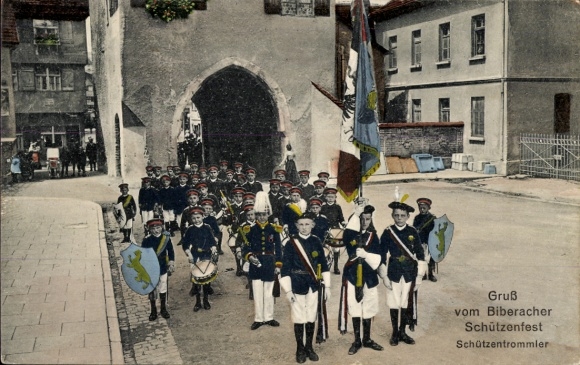 Postcard Biberach an der Riß in Upper Swabia, Biberach Riflemen's Festival, Riflemen's drummers