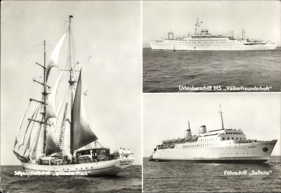 Postcard sailing training ship Wilhelm Pieck, FDGB holiday ship Friendship of Nations, ferry Sassnitz