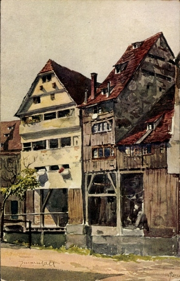 Artist Postcard Marschall, J., Ulm on the Danube, tanners' houses, blue
