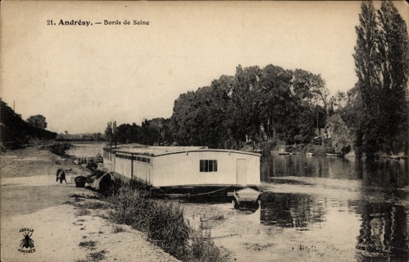 Ak Andrésy Yvelines, Blick auf das Ufer der Seine, Hausboot, Bäume, Flusslandschaft