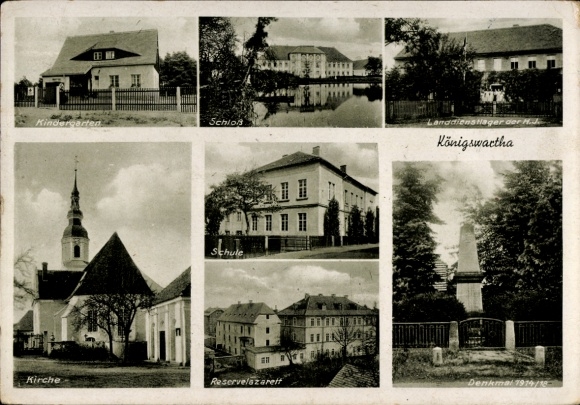 Ak Königswartha Saksen, kasteel, kleuterschool, school, plattelandsdienstkamp van de HJ, reserveziekenhuis