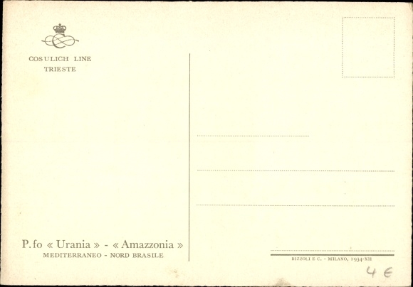 Ak Piroscafo Urania, Amazonia, passagiersstoomboot Cosulich' Soc Triestina di Navigazione