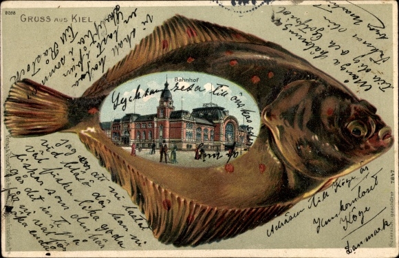 Embossed Flounder Passepartout Chromo-Litho Kiel in Schleswig Holstein, train station