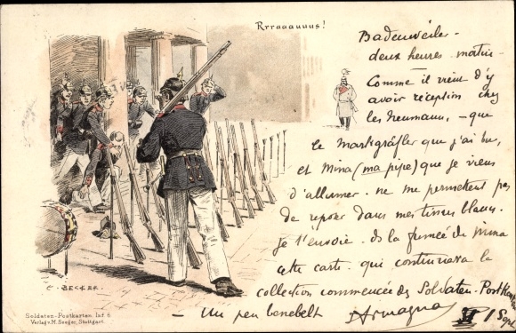 Kunstenaar Litho Becker, Carl, Raus, soldaten komen naar het paradeterrein, geweren