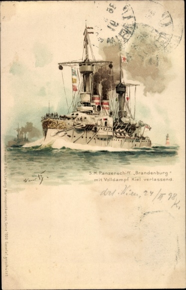 Kunstenaar Litho Bohrdt, Hans, oorlogsschip, slagschip SMS Brandenburg, keizerlijke marine