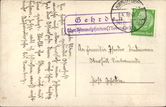 Country postmark Gehrden over Himmelpforden (Niederelbe), April 8, 1939, Easter PC