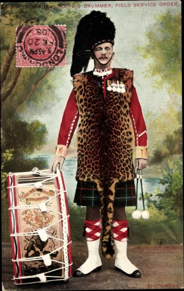 Postcard Big Drummer, field service order, Seaforth Highlander
