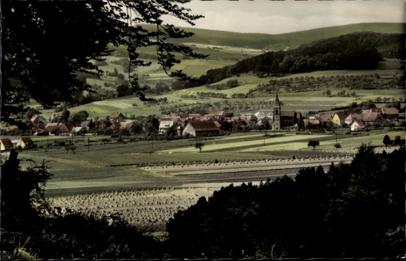 Postcard Alhausen Bad Driburg in Westphalia, landscape view with villages, fields, trees and church
