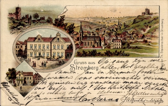 Chromo-Litho Stromberg in the Hunsrück, general view, castle, Gasthof zur Post