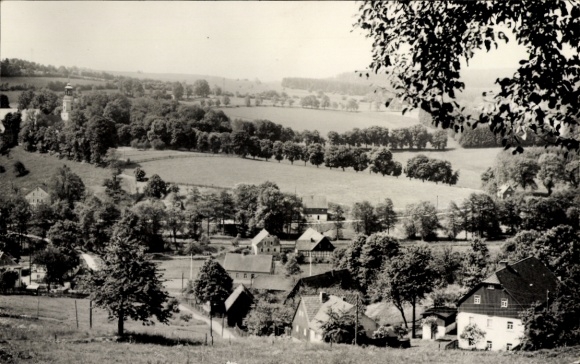 Postcard Dorfchemnitz near Sayda, Central Saxony, field landscape, small houses, church, quiet nature, ...
