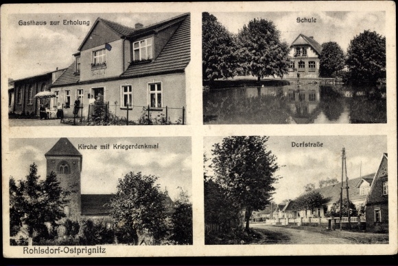 Postcard Rohlsdorf in der Prignitz, inn for recreation, church, war memorial, school, village street