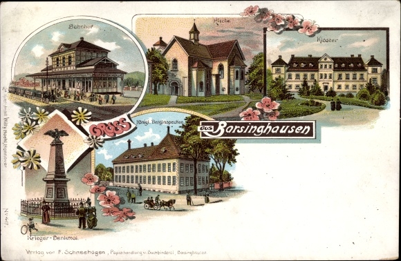 Litho Barsinghausen am Deister, Bahnhof, Kirche, Kloster, königliche Berginspektion, Kriegerdenkmal