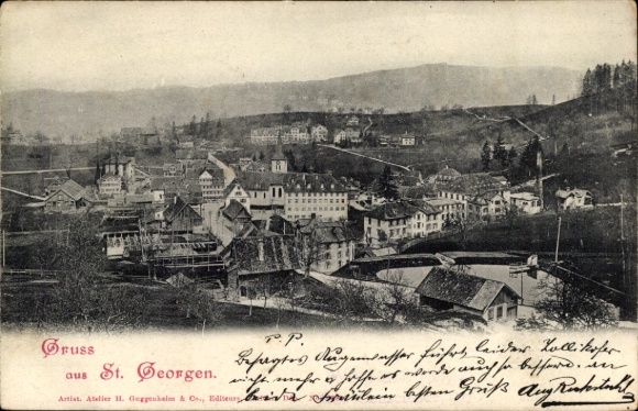 Ak Oberkirnach St. Georgen im Schwarzwald, Schwarzweißansicht, Häuser, Landschaft, Berge, Gruß...