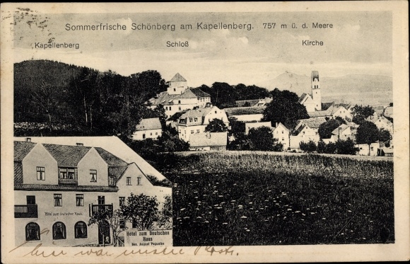 Postcard Schönberg am Kapellenberg Bad Brambach in Vogtland, castle, church, hotel at the German House