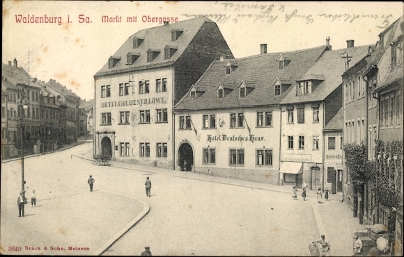 PC Waldenburg in Saxony, market with Obergasse, Hotel Deutsches Haus, Goldener Löwe