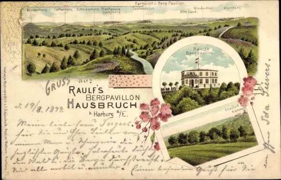 Chromo-Litho Hamburg Harburg Hausbruch, Raulf's Bergpavillon, distant view, panorama
