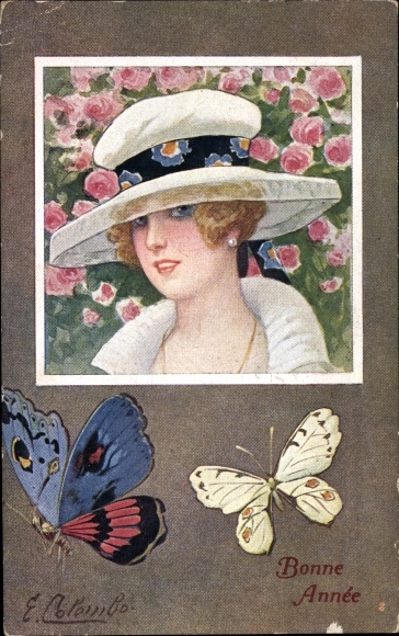 Artist PC Colombo, E., Happy New Year, lady with hat, butterflies