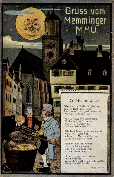 Postcard Memmingen an der Iller Swabia, Memminger Mau, Moon Face, D'r Mau in the Tub