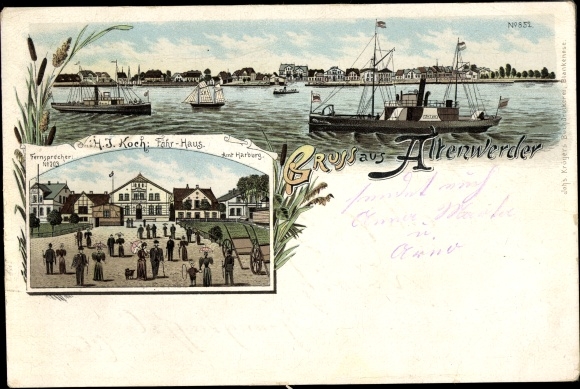 Chromo-Litho Hamburg Harburg Altenwerder, panorama, HJ Koch ferry house