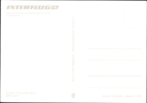 Postcard German passenger aircraft Tupolew TU-134 Interflug, turbine jet airliner