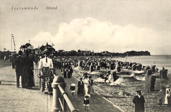 Ak Ostseebad Travemünde Lübeck, zuidstrand, menigte, gebouwen, zandkastelen, kust, wolken, 190