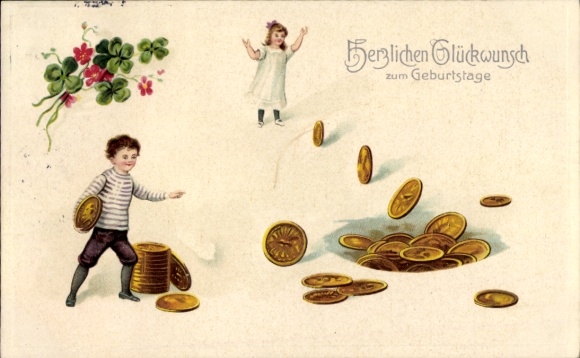 Postcard Congratulations Birthday, Money, Clover